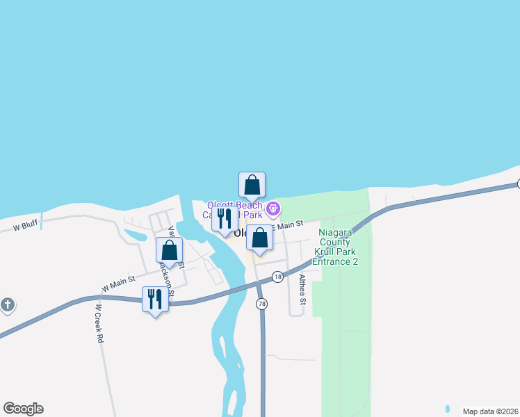 map of restaurants, bars, coffee shops, grocery stores, and more near 5969 Ontario Street in Olcott