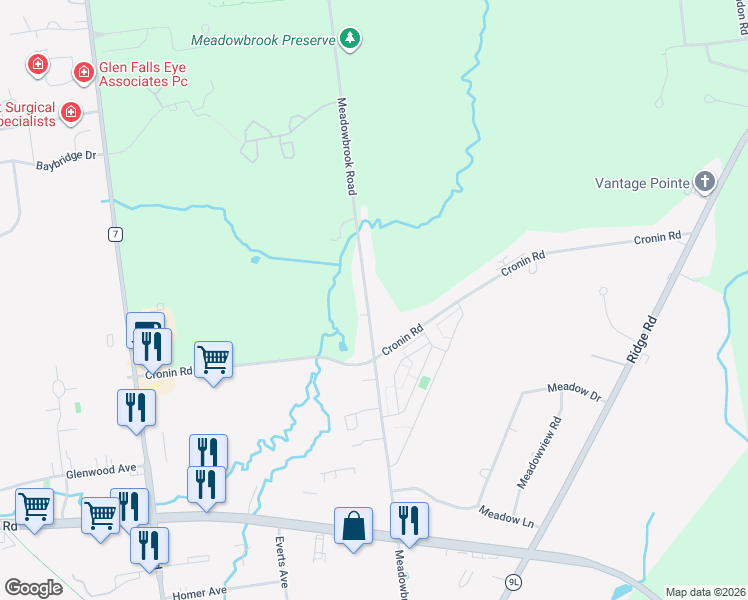 map of restaurants, bars, coffee shops, grocery stores, and more near 207 Meadowbrook Road in Queensbury