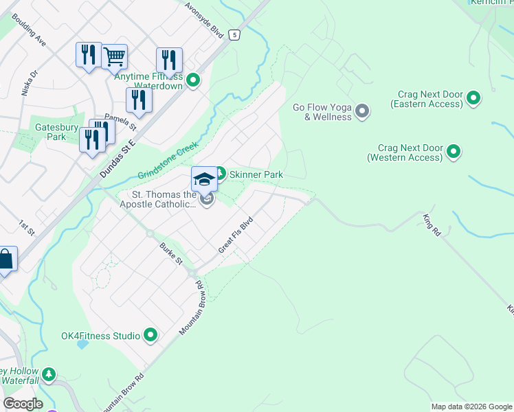 map of restaurants, bars, coffee shops, grocery stores, and more near 398 Mountain Brow Road in Burlington