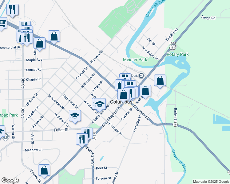 map of restaurants, bars, coffee shops, grocery stores, and more near 112 South Dickason Boulevard in Columbus