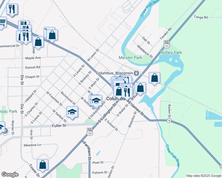map of restaurants, bars, coffee shops, grocery stores, and more near 112 South Dickason Boulevard in Columbus