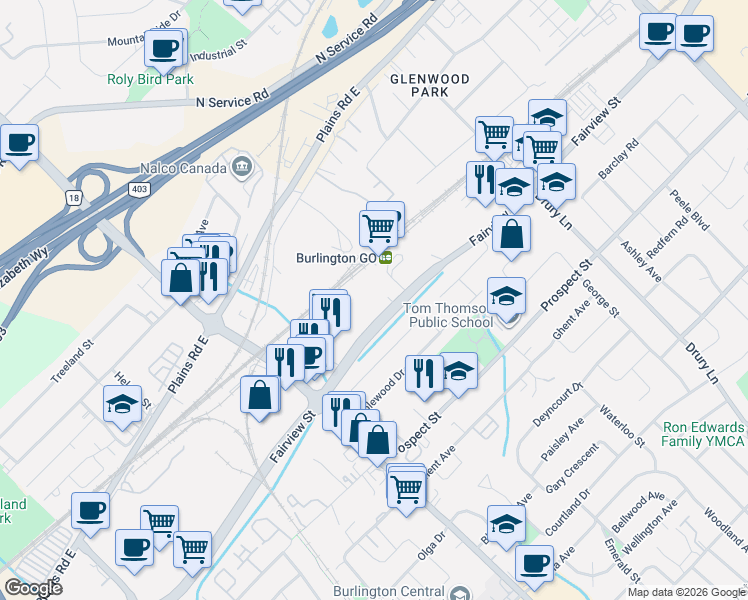 map of restaurants, bars, coffee shops, grocery stores, and more near in Burlington