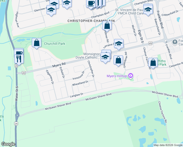 map of restaurants, bars, coffee shops, grocery stores, and more near 285 Christopher Drive in Cambridge