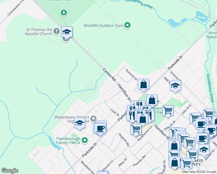 map of restaurants, bars, coffee shops, grocery stores, and more near 9 Hiscott Drive in Hamilton