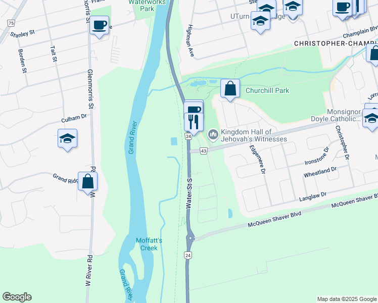 map of restaurants, bars, coffee shops, grocery stores, and more near Water St S & Myers Rd in Cambridge
