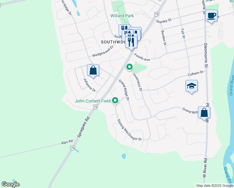 map of restaurants, bars, coffee shops, grocery stores, and more near 200 Stirling Macgregor Drive in Cambridge