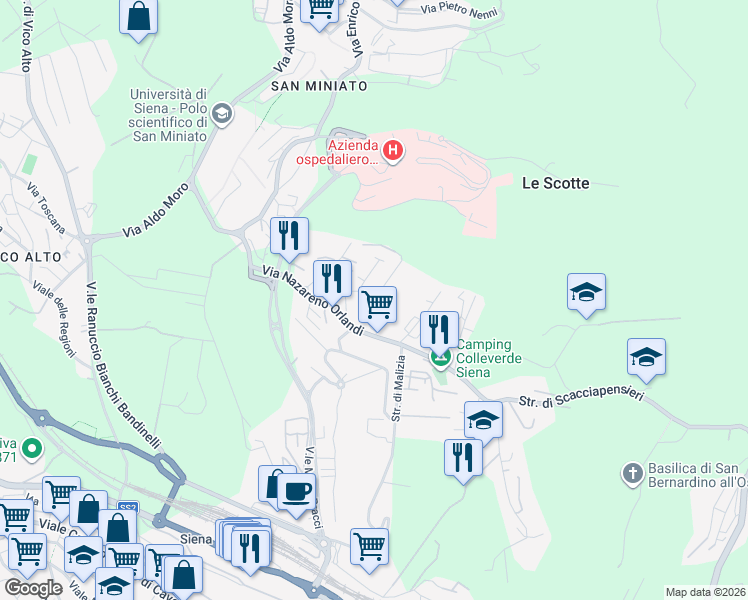 map of restaurants, bars, coffee shops, grocery stores, and more near 13 Via del Belvedere in Siena
