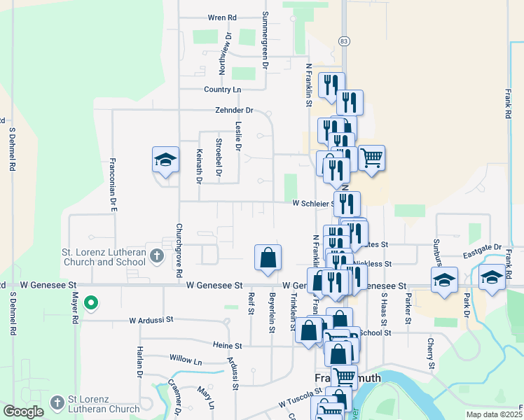 map of restaurants, bars, coffee shops, grocery stores, and more near 432 West Schleier Street in Frankenmuth