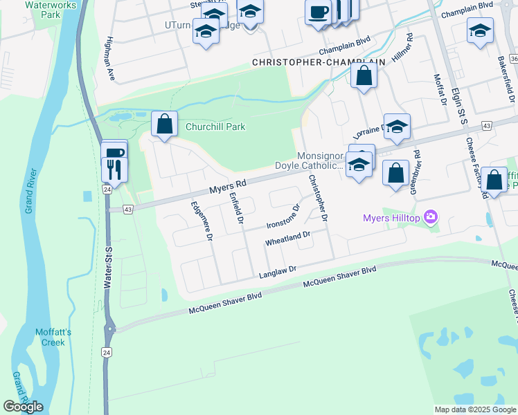 map of restaurants, bars, coffee shops, grocery stores, and more near 42 Aldridge Crescent in Cambridge