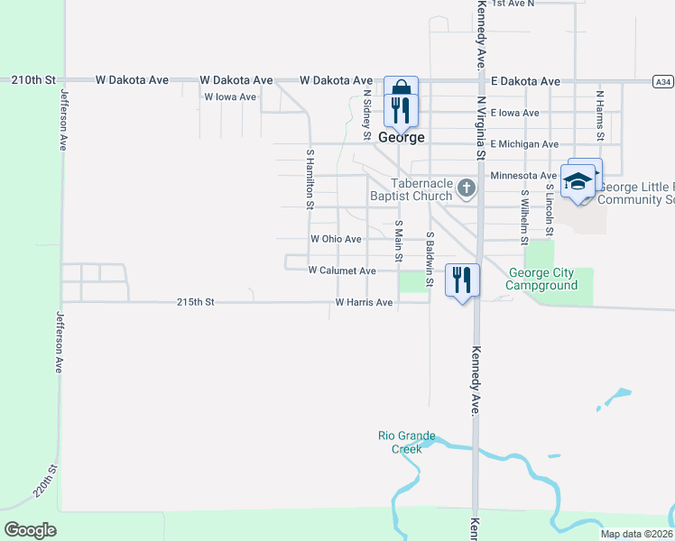 map of restaurants, bars, coffee shops, grocery stores, and more near 300 West Calumet Avenue in George