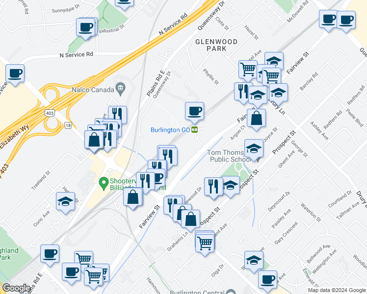 map of restaurants, bars, coffee shops, grocery stores, and more near in Burlington