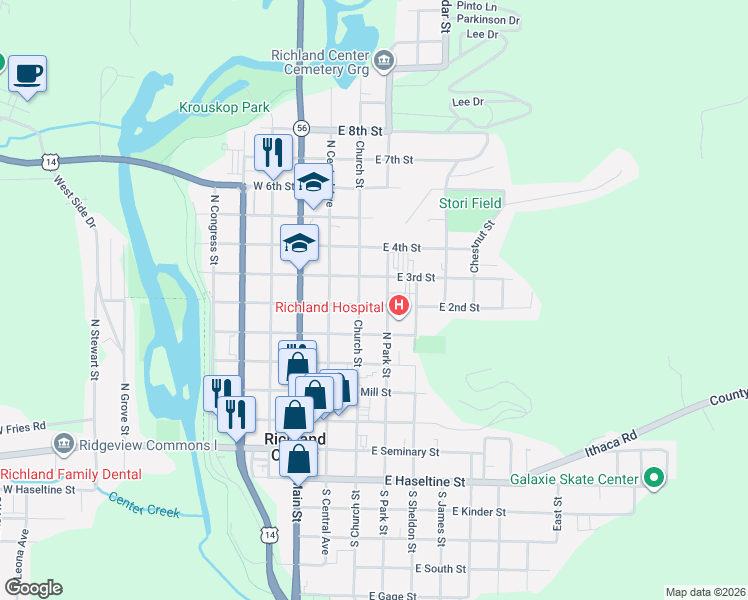 map of restaurants, bars, coffee shops, grocery stores, and more near 517 Church Street in Richland Center