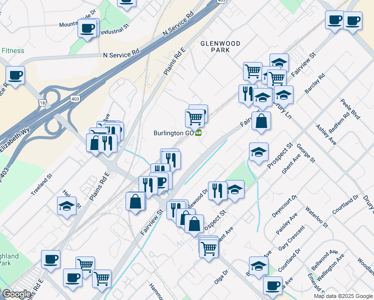 map of restaurants, bars, coffee shops, grocery stores, and more near 2081 Fairview Street in Burlington