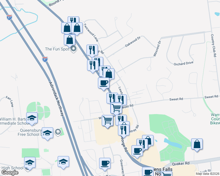 map of restaurants, bars, coffee shops, grocery stores, and more near 1 Kendrick Road in Queensbury