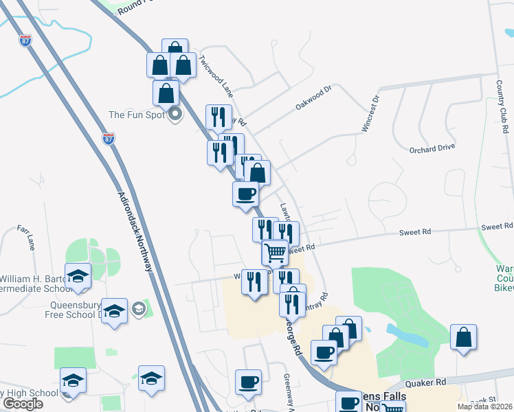 map of restaurants, bars, coffee shops, grocery stores, and more near 1 Kendrick Road in Glens Falls North