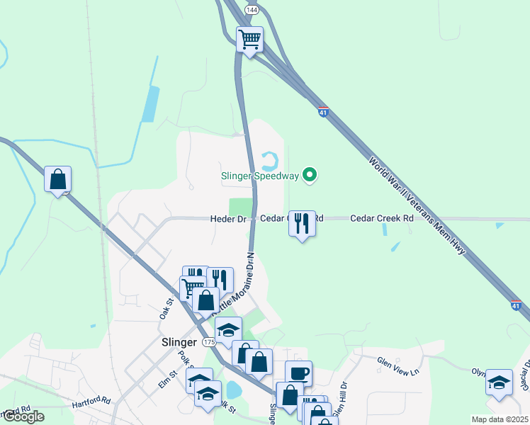 map of restaurants, bars, coffee shops, grocery stores, and more near 110 Cedar Creek Rd in Slinger