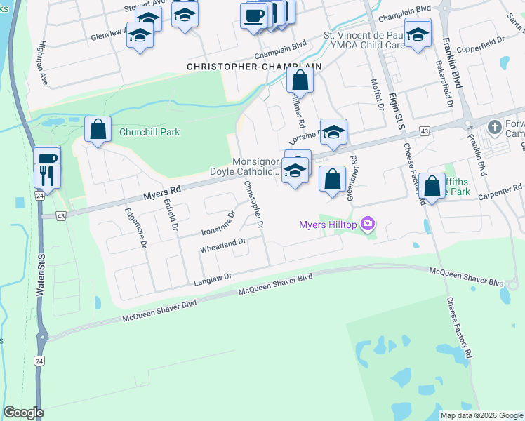 map of restaurants, bars, coffee shops, grocery stores, and more near 285 Christopher Drive in Cambridge