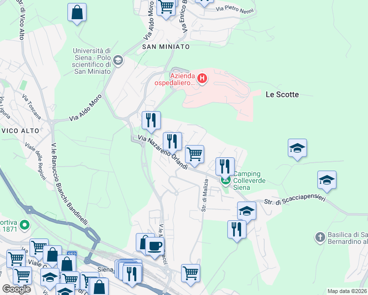 map of restaurants, bars, coffee shops, grocery stores, and more near 13 Via di Belvedere in Siena