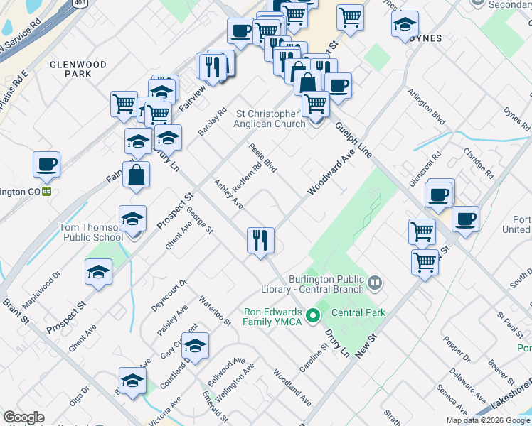map of restaurants, bars, coffee shops, grocery stores, and more near 652 Hillcrest Drive in Burlington