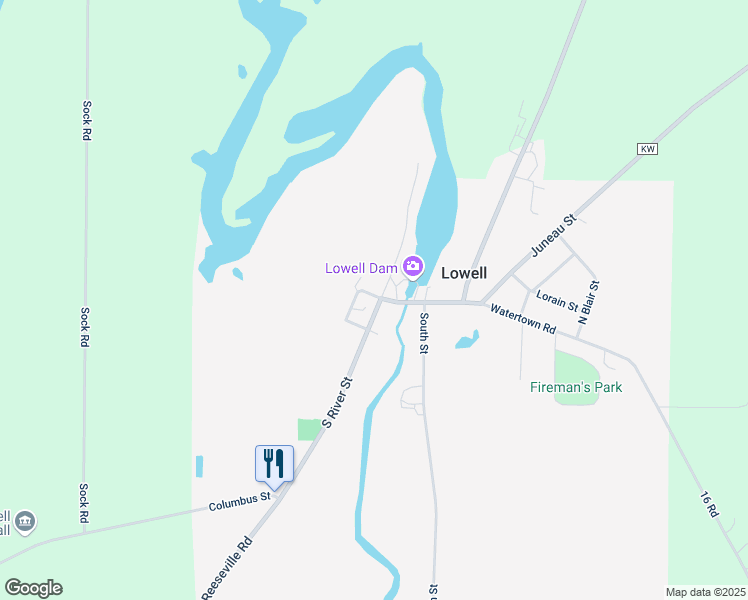 map of restaurants, bars, coffee shops, grocery stores, and more near 130 South River Street in Lowell