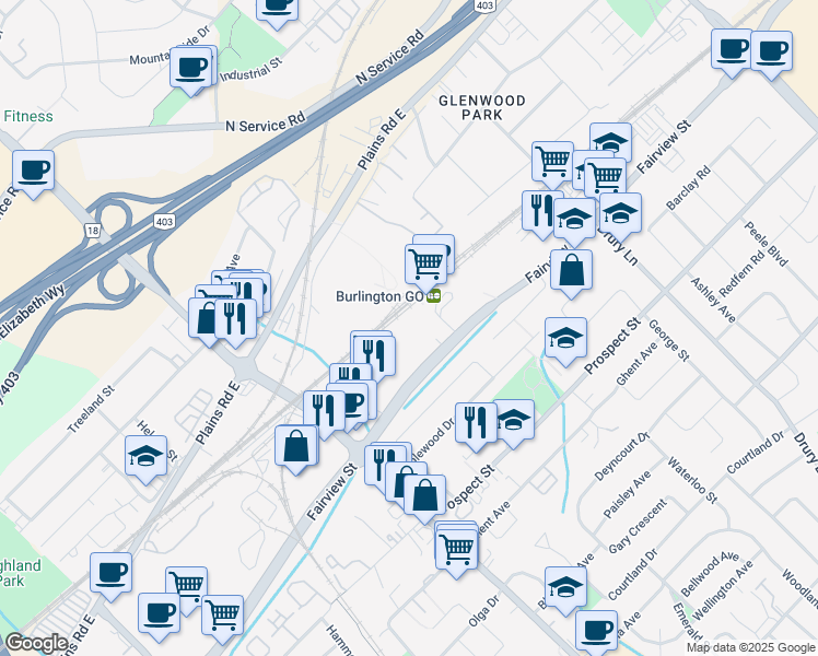 map of restaurants, bars, coffee shops, grocery stores, and more near 2087 Fairview Street in Burlington
