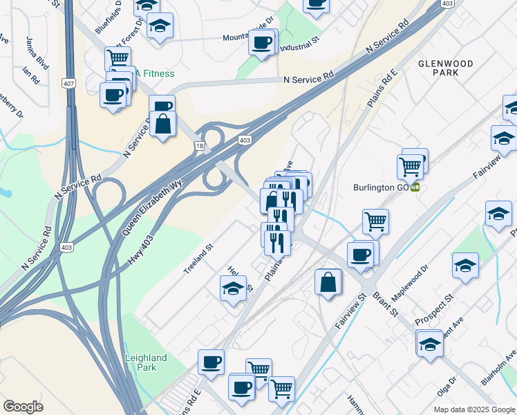 map of restaurants, bars, coffee shops, grocery stores, and more near 1056 Brant Street in Burlington