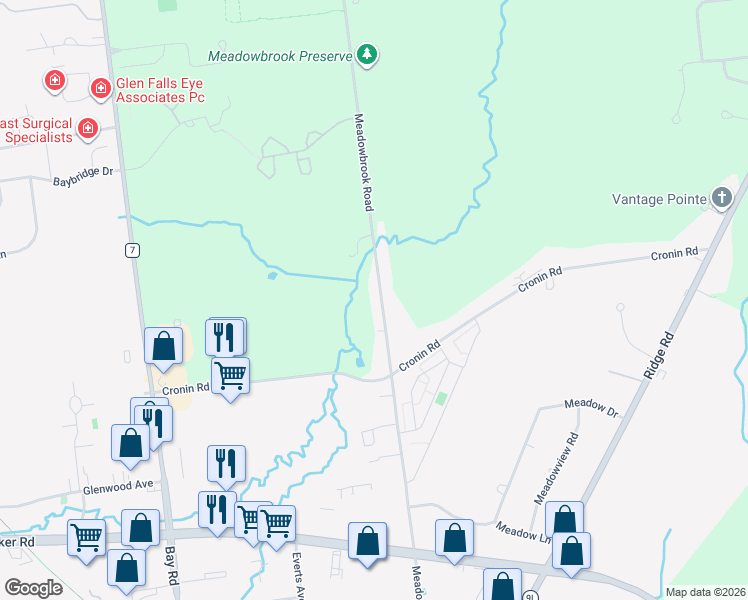 map of restaurants, bars, coffee shops, grocery stores, and more near 207 Meadowbrook Rd in Queensbury