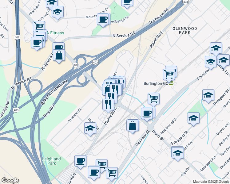 map of restaurants, bars, coffee shops, grocery stores, and more near 1035 Brant Street in Burlington