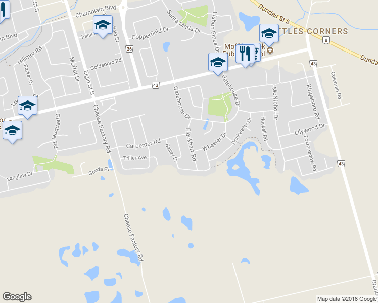 map of restaurants, bars, coffee shops, grocery stores, and more near 88 Flockhart Road in Cambridge