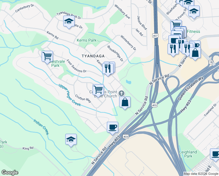 map of restaurants, bars, coffee shops, grocery stores, and more near 1560 Kerns Road in Burlington