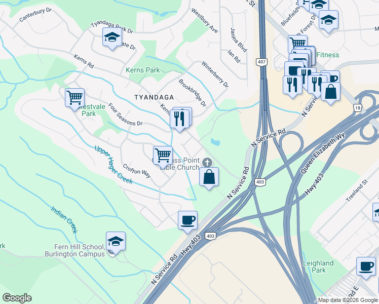map of restaurants, bars, coffee shops, grocery stores, and more near 1566 Kerns Road in Burlington