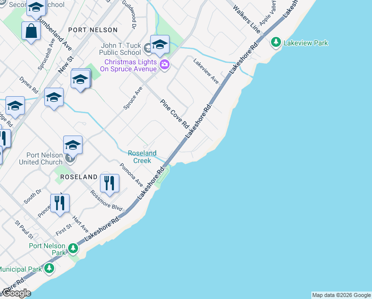map of restaurants, bars, coffee shops, grocery stores, and more near 3279 Lakeland Crescent in Burlington
