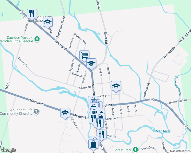 map of restaurants, bars, coffee shops, grocery stores, and more near 131 Main St in Camden