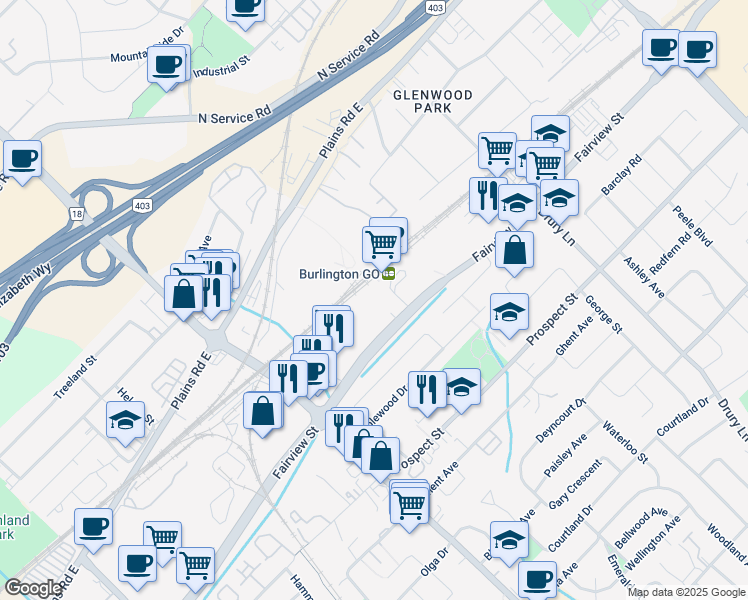 map of restaurants, bars, coffee shops, grocery stores, and more near 2087 Fairview Street in Burlington