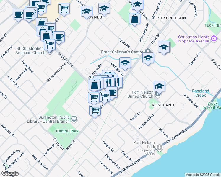map of restaurants, bars, coffee shops, grocery stores, and more near 459 Guelph Line in Burlington