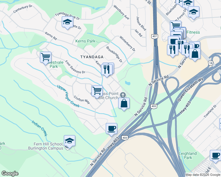 map of restaurants, bars, coffee shops, grocery stores, and more near 1566 Kerns Road in Burlington
