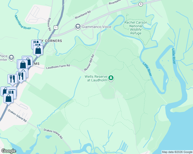 map of restaurants, bars, coffee shops, grocery stores, and more near 254 Laudholm Farm Road in Wells