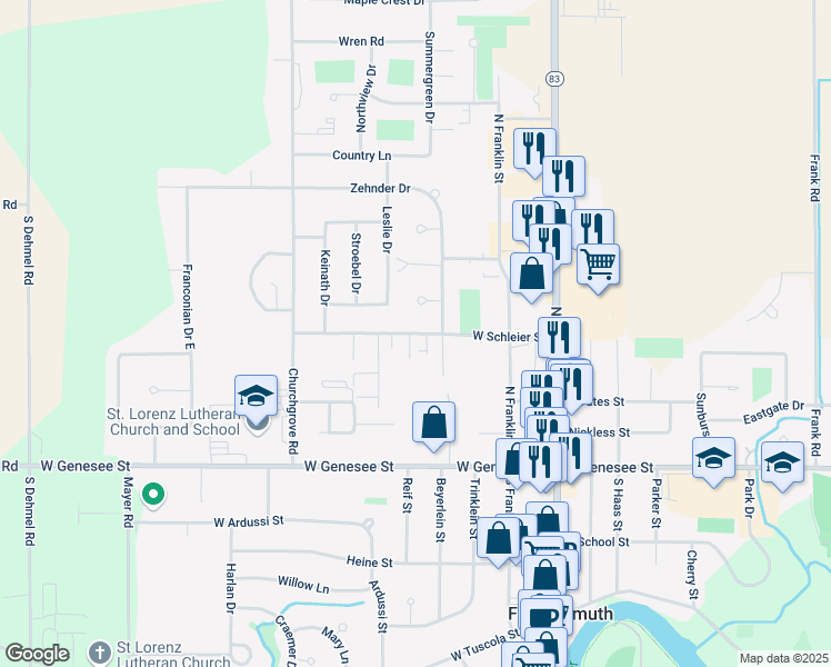 map of restaurants, bars, coffee shops, grocery stores, and more near 432 West Schleier Street in Frankenmuth