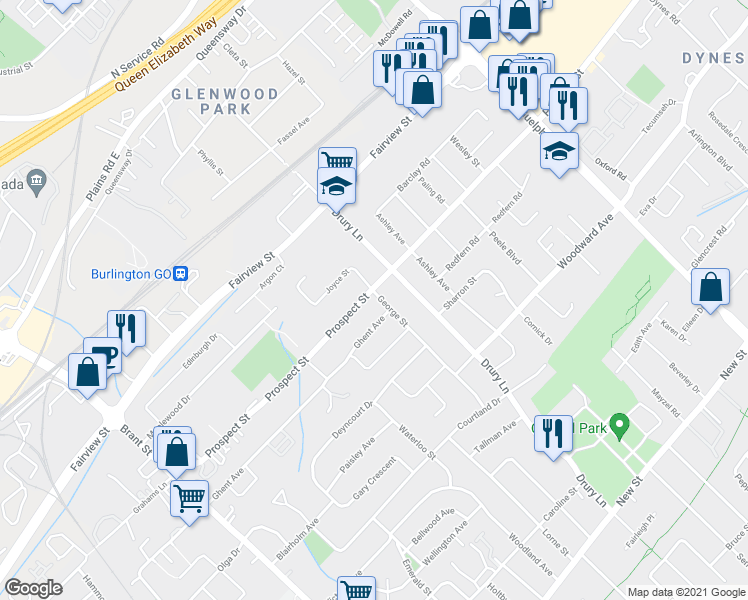 map of restaurants, bars, coffee shops, grocery stores, and more near 746 George Street in Burlington