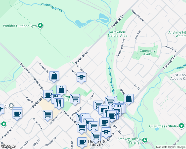 map of restaurants, bars, coffee shops, grocery stores, and more near 38 Elgin Street in Hamilton