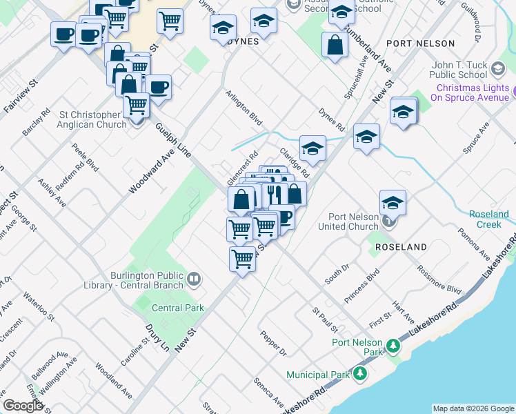map of restaurants, bars, coffee shops, grocery stores, and more near 3017 New Street in Burlington