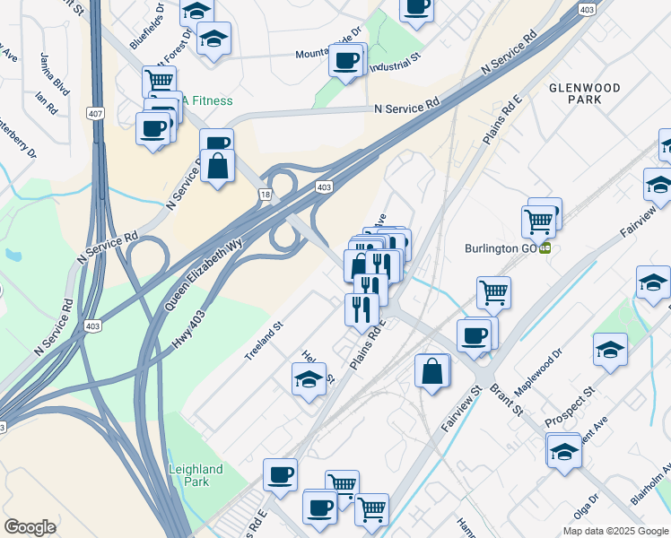 map of restaurants, bars, coffee shops, grocery stores, and more near 1056 Brant Street in Burlington