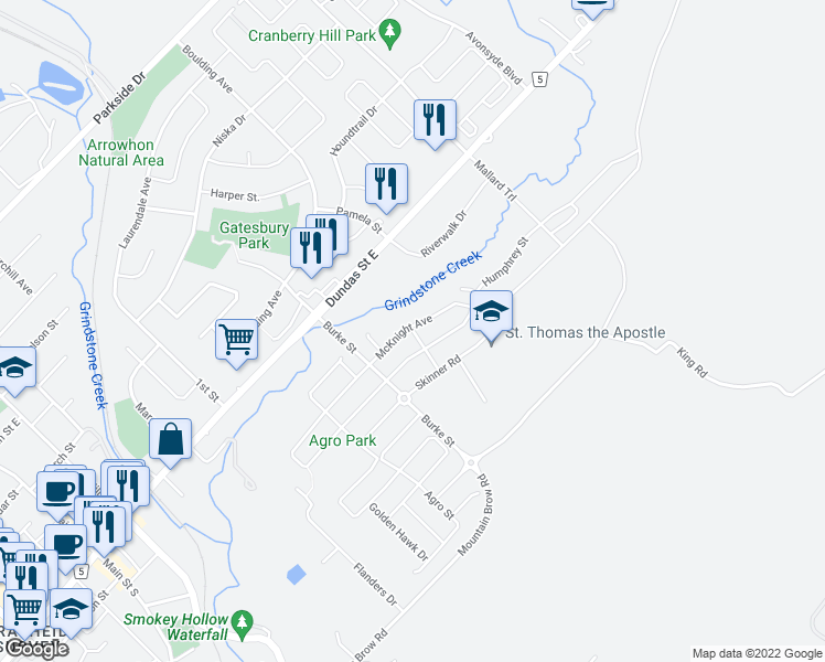 map of restaurants, bars, coffee shops, grocery stores, and more near 17 McCartney Street in Hamilton
