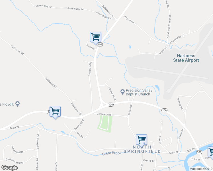 map of restaurants, bars, coffee shops, grocery stores, and more near 70 Vermont 106 in Springfield