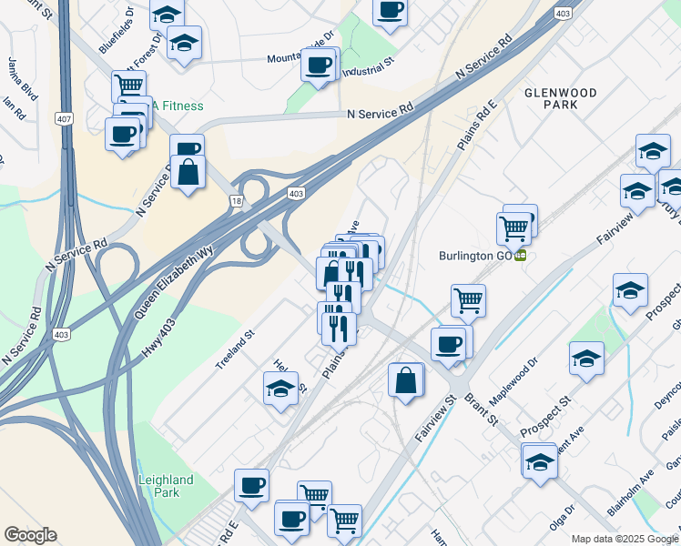 map of restaurants, bars, coffee shops, grocery stores, and more near 2011 Plains Road East in Burlington