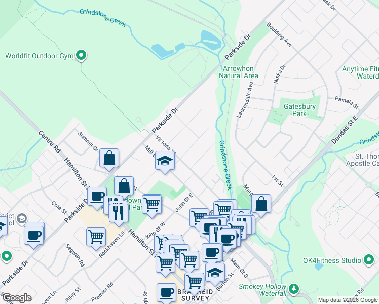 map of restaurants, bars, coffee shops, grocery stores, and more near 38 Elgin Street in Hamilton