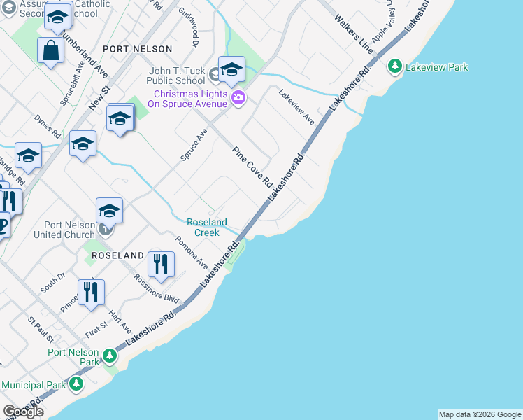 map of restaurants, bars, coffee shops, grocery stores, and more near Lakeshore Road in Burlington