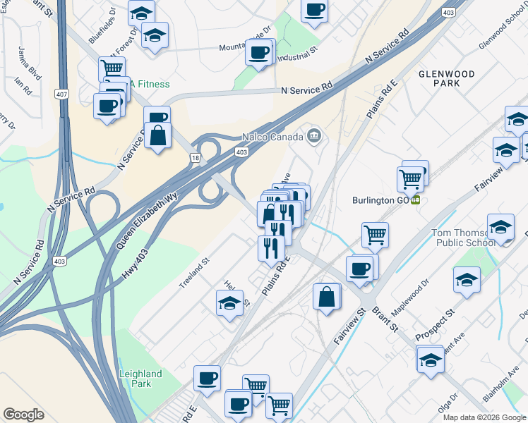 map of restaurants, bars, coffee shops, grocery stores, and more near 2006 Churchill Avenue in Burlington