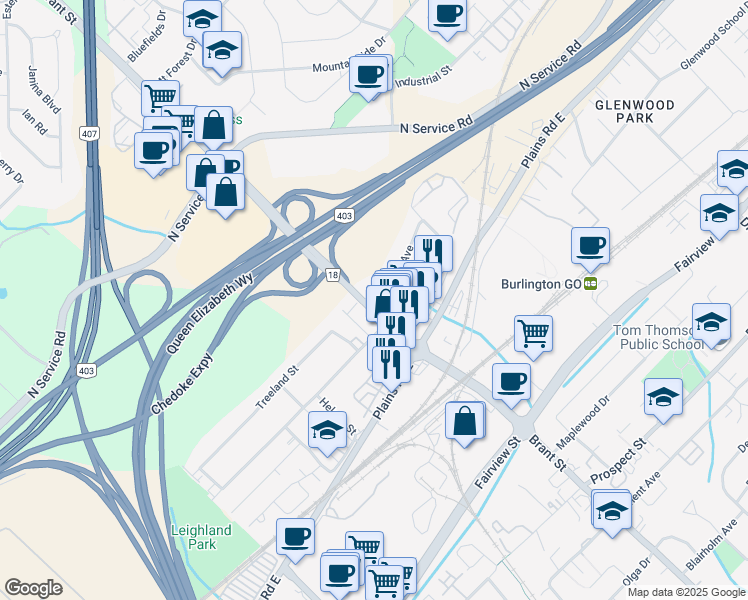 map of restaurants, bars, coffee shops, grocery stores, and more near 2006 Churchill Avenue in Burlington