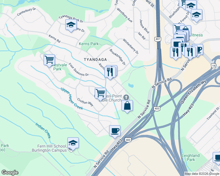 map of restaurants, bars, coffee shops, grocery stores, and more near 1839 Heather Hills Drive in Burlington